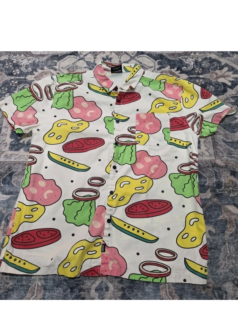 Lazy Oaf White Short-Sleeve Shirt with Pink, Yellow & Green Food Print